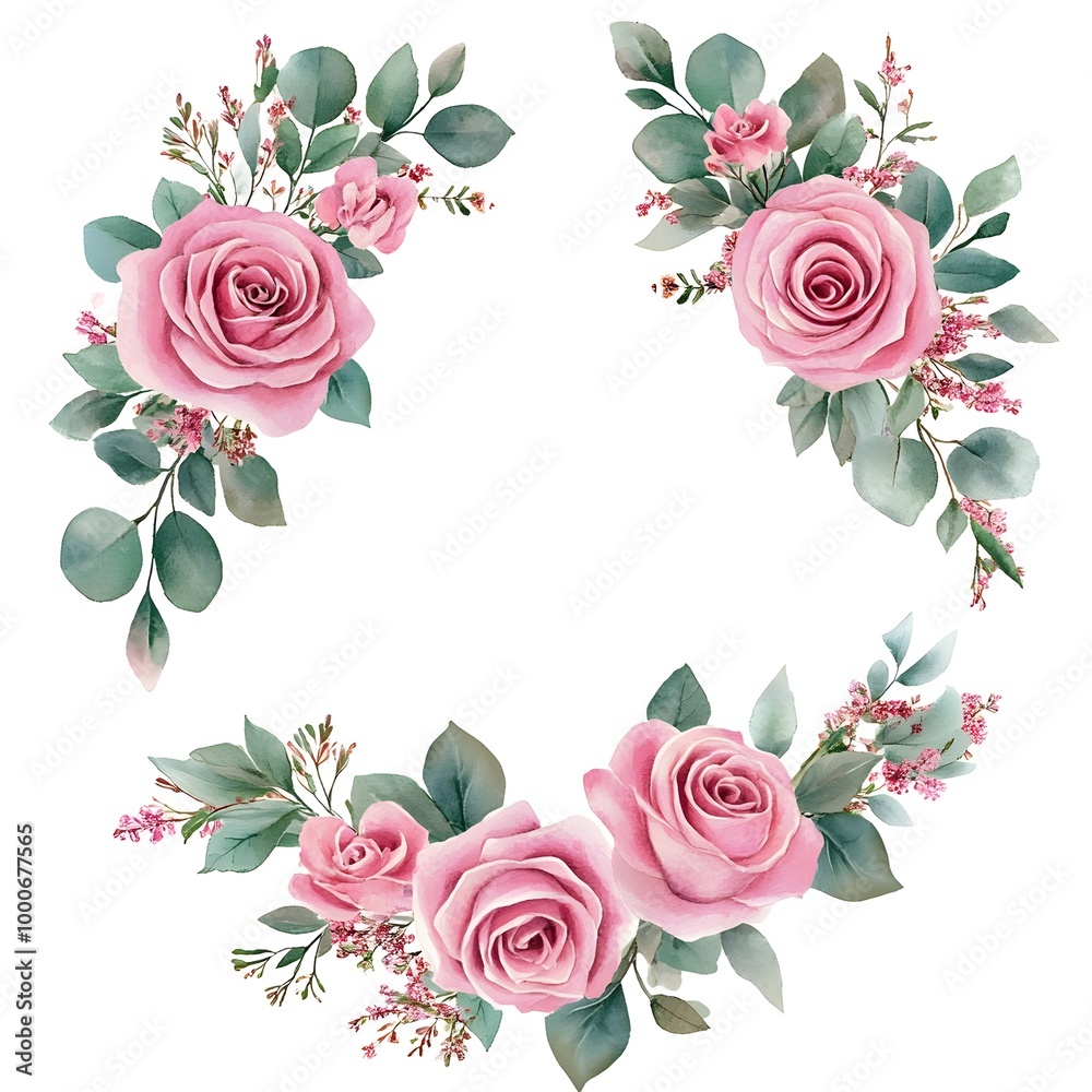 Watercolor floral wreath, with roses and pink flowers, leaves, and ...