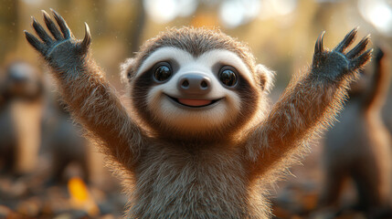 A cute sloth with big brown eyes and a happy smile, reaching out with its paws.