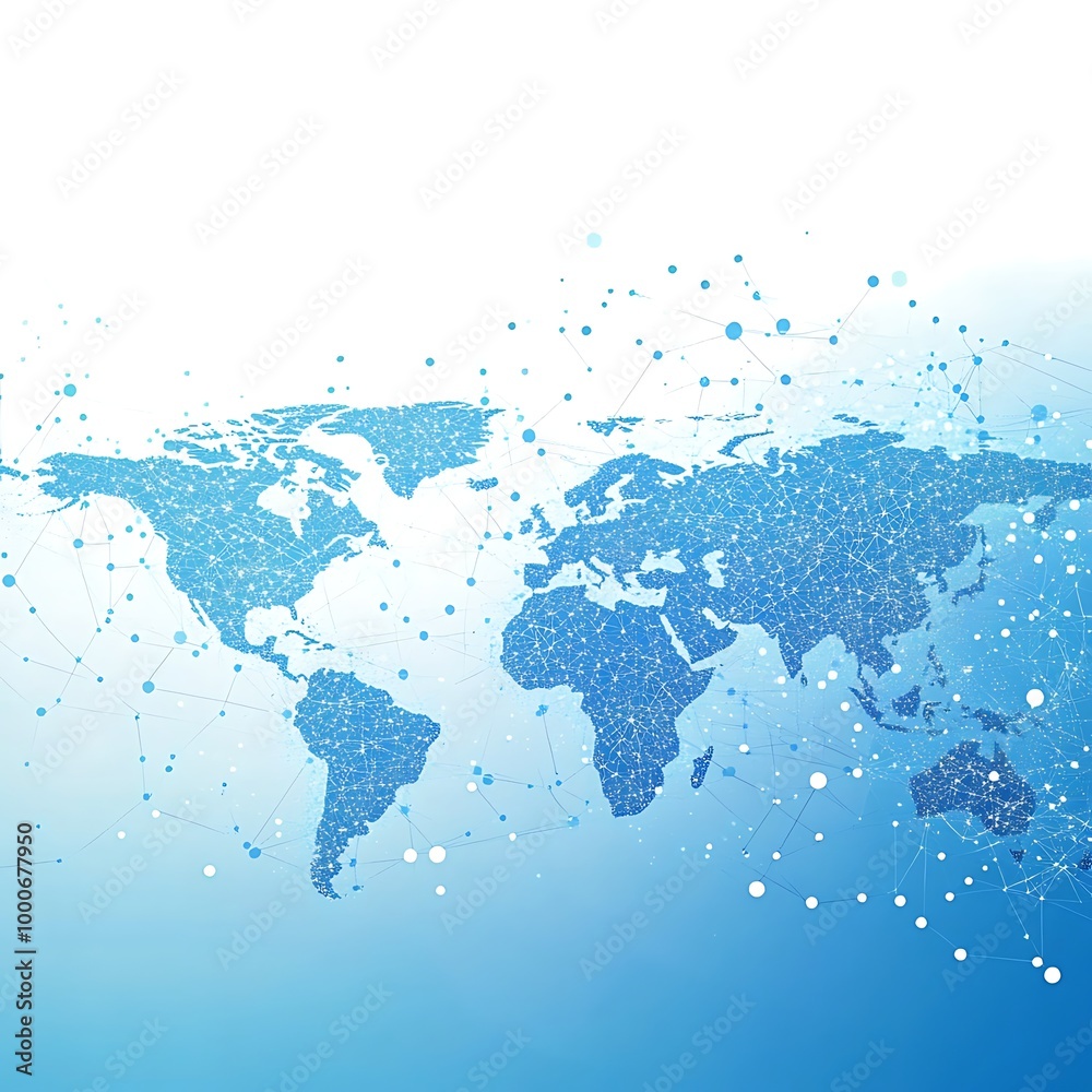A blue gradient background with a world map made of dots and lines ...