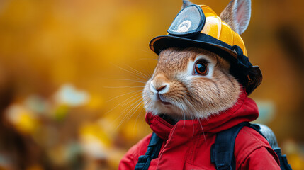 Poster - A cute brown rabbit wearing a red jacket and a yellow helmet.