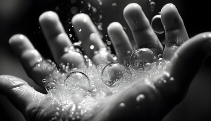 Wall Mural - Intimate interaction with water bubbles in striking black and white photography