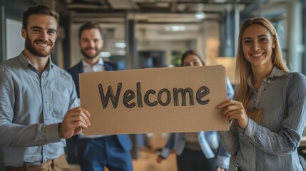 A Business Team holding sign 