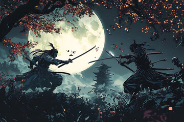 Two samurai engage in a duel under a full moon, surrounded by autumn foliage and a pagoda.