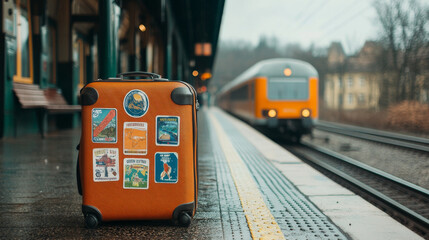 A vibrant orange suitcase adorned with travel stickers sits on wet platform, evoking sense of adventure and wanderlust as train approaches in background