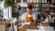 © VERTEX SPACE - A young woman in an apron smiles while organizing books in cozy bookstore filled with shelves of literature and plants. Her joyful expression reflects her passion for reading and customer service