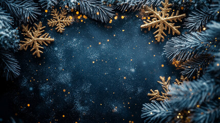 festive navy blue Christmas background adorned with delicate snowflakes and shimmering golden accents, symbolizing winter's beauty, purity, and the warmth of holiday celebrations in a timeless, elegan