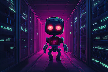 Poster - A stylized robot stands in a neon-lit server room, embodying technology and innovation.