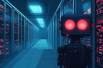 Poster - A robot with glowing eyes stands in a high-tech server room, surrounded by data panels.