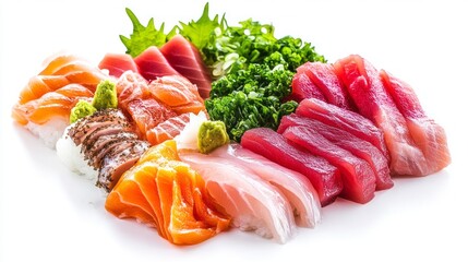 photo of sashimi with sauce on white background.