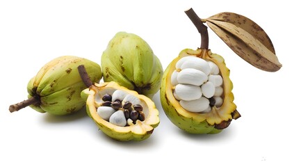 Intricate close-up of fresh soursop fruit halves revealing white pulp and glistening black seeds on a pristine white backdrop