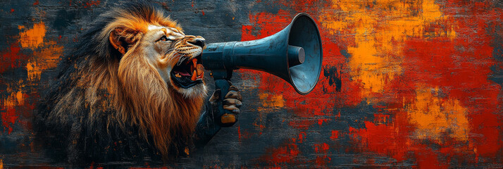 Canvas Print - A majestic lion roars through a megaphone, against a vibrant abstract background.