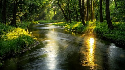 Wall Mural - A tranquil river winding through a lush green forest with golden sunlight reflecting off the water.