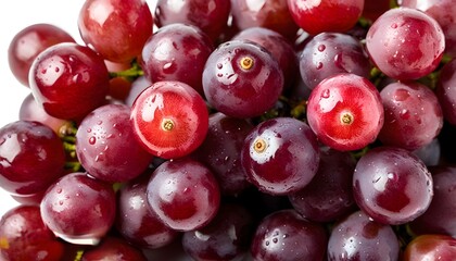 Wall Mural - Fresh, juicy red grapes glistening with water droplets on a pristine white background, ideal for health and natural food themes