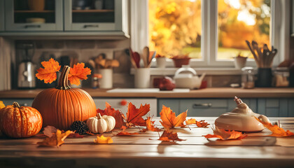 Wall Mural - Autumn kitchen with pumpkin and leaves decoration with copy space