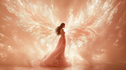 Stunning depiction of woman in flowing gown with radiant, glowing wings standing in a luminous, ethereal setting. Angelic presence and mystical beauty concept