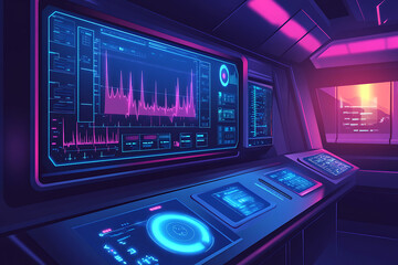 Poster - A futuristic control room with digital displays and graphs in vibrant colors.