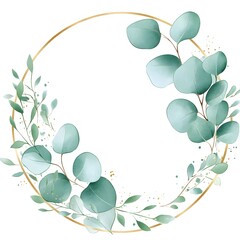 Watercolor pastel light green eucalyptus and gold-framed circle, 