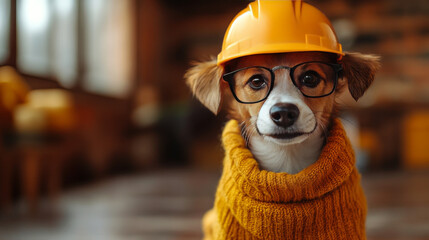 Sticker - A dog wearing a hard hat and glasses looks directly at the camera.