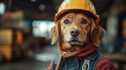 Canvas Print - A brown dog in a yellow hard hat and overalls looks directly at the camera.