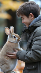 Canvas Print - Boy smiling as he holds a rabbit.