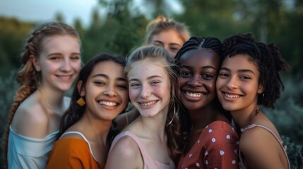 Wall Mural - A diverse group of young women, all smiling and standing closely