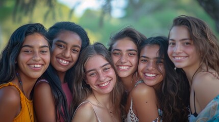 Wall Mural - A diverse group of young women, all smiling and standing closely together