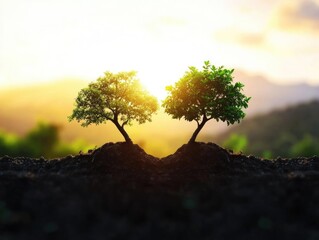 Beautiful sunrise illuminating two trees on a hill, symbolizing nature's tranquility and growth in a serene landscape.