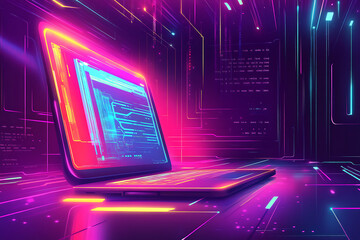 Poster - A glowing laptop in a futuristic digital environment with neon lights.