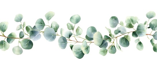 Wall Mural - Watercolor silver eucalyptus garland, green leaves and branches isolated on a white background,