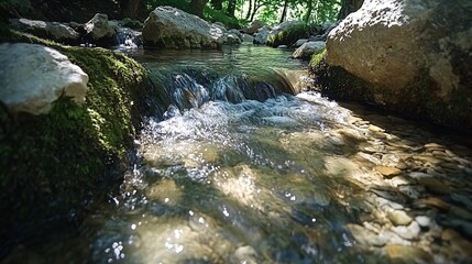 Wall Mural - A small stream of clear water flows over rocks and moss in a forest.