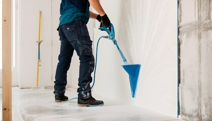 Construction worker meticulously stripping spray foam insulation from building walls