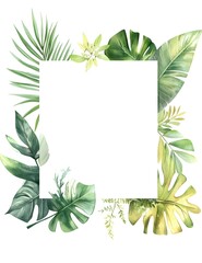 Watercolor square frame with a white background, light green leaves and flowers around the edges,