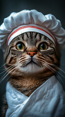 Poster - A tabby cat wearing a chef's hat and a white apron looks intently at the camera.