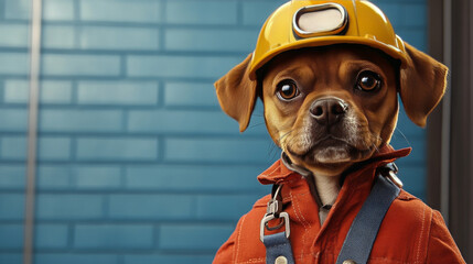 Sticker - Cute dog wearing a hard hat and jumpsuit.