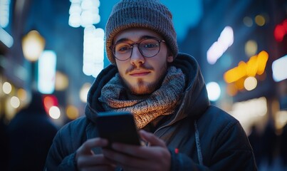 Young Man Using Smartphone on Winter Day in Urban Setting, Technology and Communication Concept, Wearing Beanie and Glasses, Evening Street Lights, Generative AI