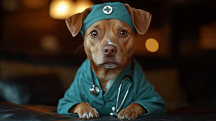 Canvas Print - A brown and white dog dressed as a doctor with a stethoscope.