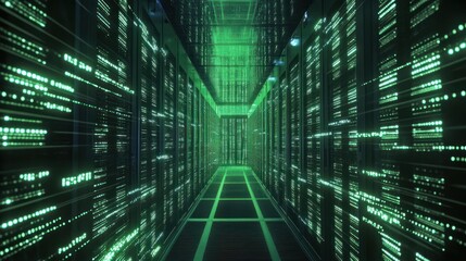 Poster - A futuristic data center corridor illuminated with green lights and digital displays.