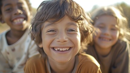 Wall Mural - A close-up of three happy kids from different backgrounds, smiling together