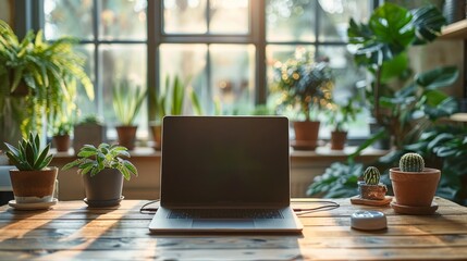 Notebook, laptop computer and supplies on wooden desk. 