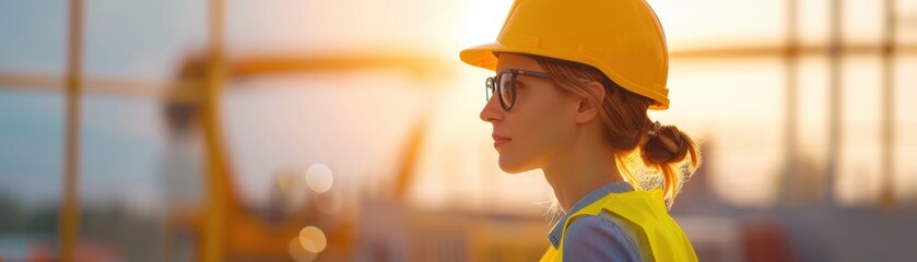 Female construction worker in hard hat on site at sunset.