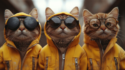 Sticker - Three cats in yellow jackets and sunglasses looking cool.