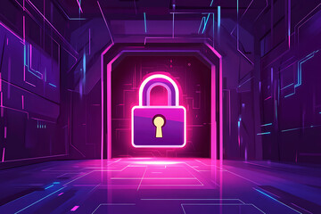 Poster - A glowing padlock symbol in a futuristic digital environment.