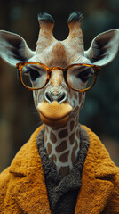 Sticker - A giraffe wearing a warm coat and glasses looks at the camera.