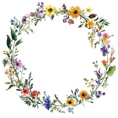 Wall Mural - Watercolor wildflower wreath, clipart, white background, white space, clean lines, red and dark beige