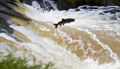 Wall Mural - Atlantic Salmon leaping gracefully over a waterfall in the rugged landscapes of Scotland, United Kingdom