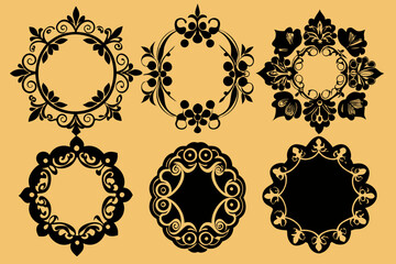 A Set of 6 decorative frame graphic design elements. silhouette black vector art illustration