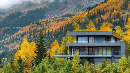 Poster - A large house with a balcony sits on a hillside with trees in the background