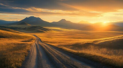 Canvas Print - A golden sunset casts warm light over a winding dirt road in a tranquil mountain landscape during late afternoon