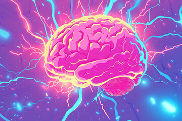 Poster - A vibrant, stylized depiction of a brain with electric impulses and colorful energy.