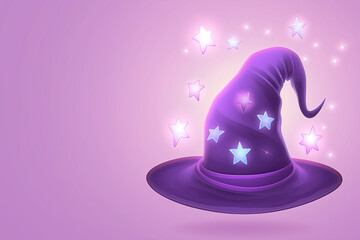 A witch wizard hat for Halloween with magic stars, lilac highlighted on a lilac background, with a cut-out path for an autumn seasonal festive costume